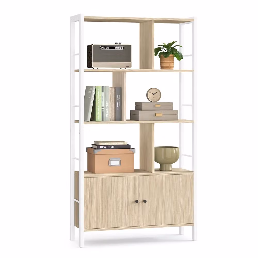 Libreria con Ripiani Aperti e Scomparto Chiuso | VASAGLE, Beige Naturale + Bianco Nuvola