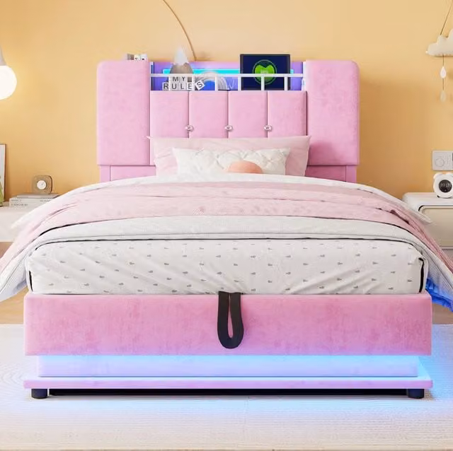 Letto imbottito per bambini 90 x 200 cm con LED; USB e vano contenitore idraulico; rosa