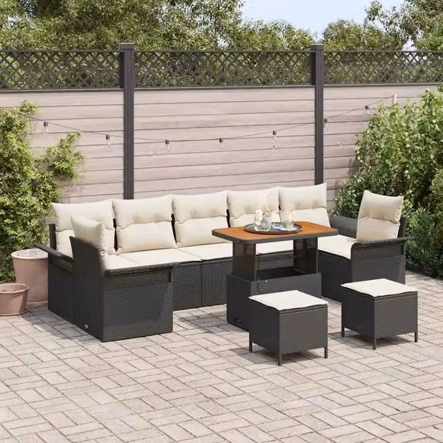 Set Divano da Giardino 10 pz 9-Numero di posti Nero e Crema 3364070
