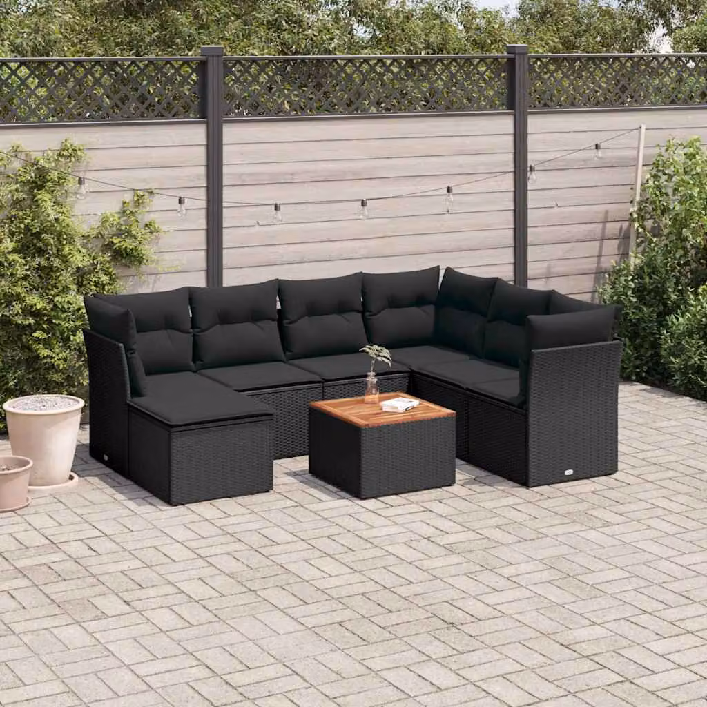 vidaXL Set Divani da Giardino a L in Polyrattan Nero con 8 Cuscini e Tavolino da Esterno – 1