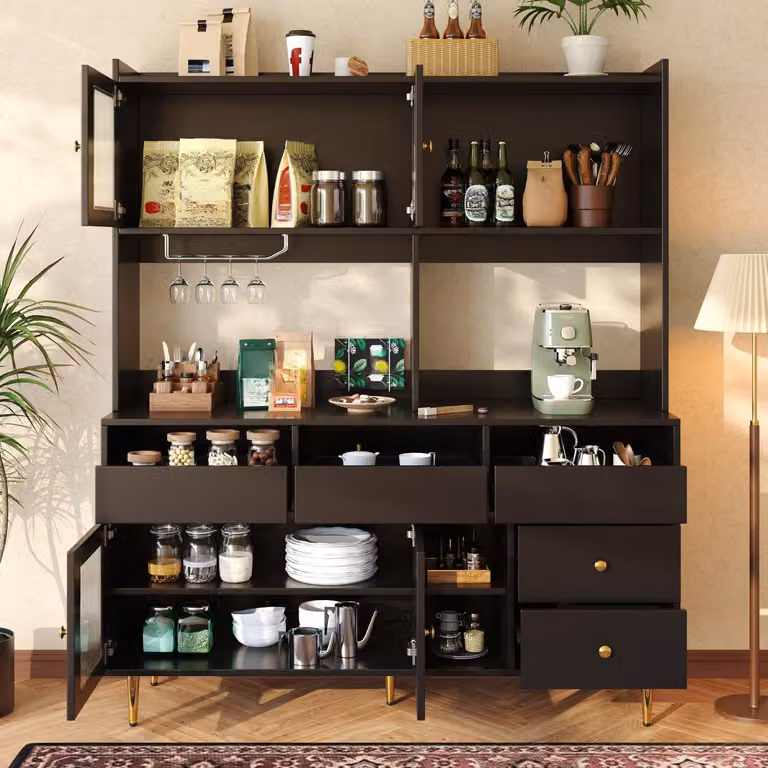 Armadio alto da cucina con porta in vetro e ripiano per bicchieri da vino, dimensioni 145x39x171 cm, colore nero