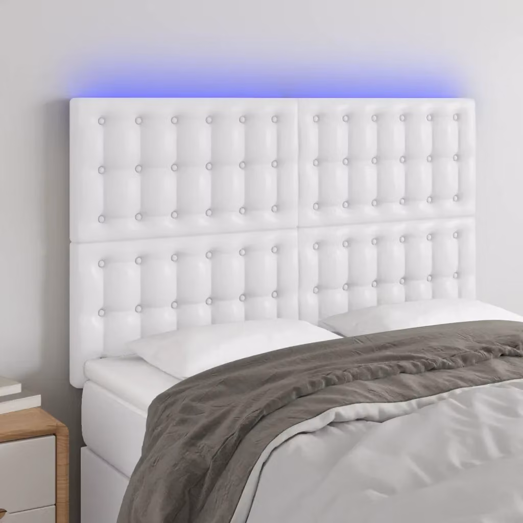 Testata del letto con illuminazione LED e porta di ricarica USB in similpelle bianca, L: 144 cm, P: 5 cm, H: 118/128 cm – 2