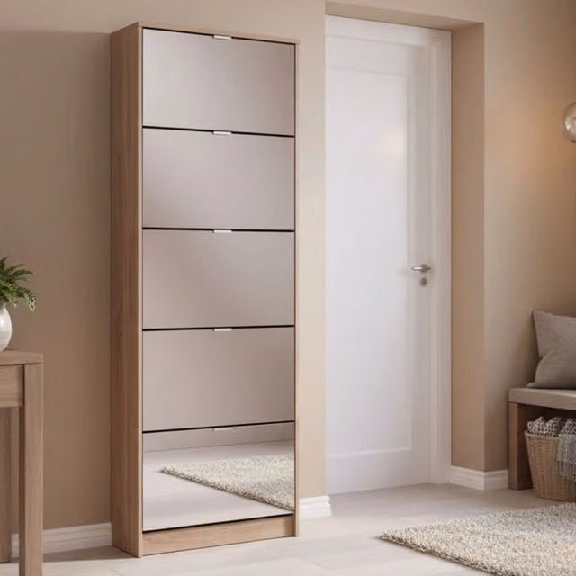 Scarpiera Moderna DMORA con Specchio e Ripiani Interni, Colore Marrone Rovere, L: 67 cm, P: 28 cm, H: 191.5 cm – 1