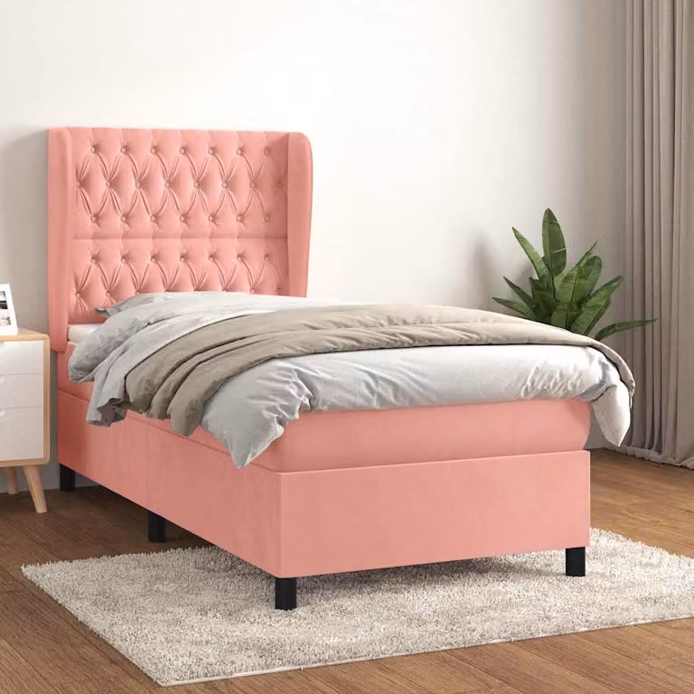 vidaXL Giroletto a Molle con Materasso Rosa in Velluto, L/P/H: 90 x 190 cm