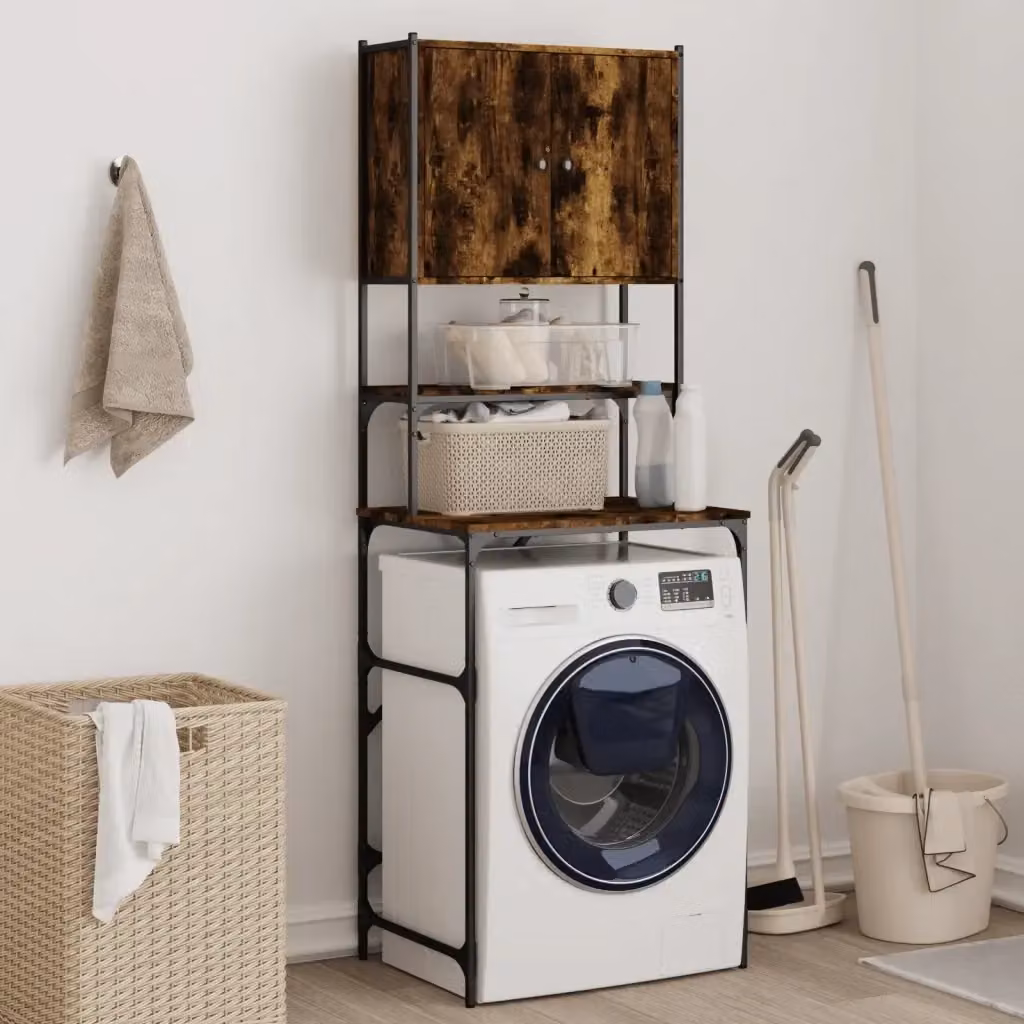 Mobile per lavatrice in stile industrial con ante a battente e ripiani interni, colore rovere fumo, L: 68 cm, P: 48,5 cm, H: 194 cm, CFW1163062 – 2