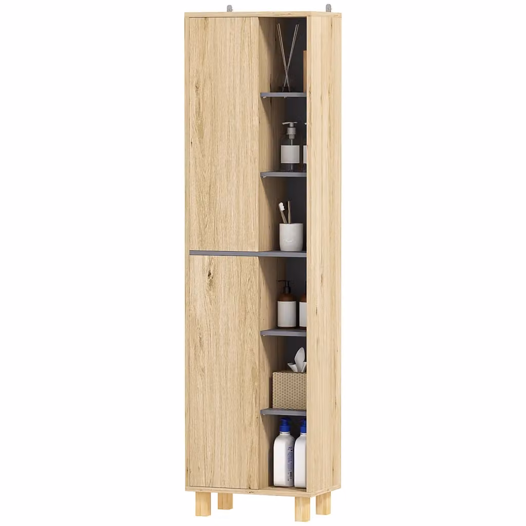 Colonna bagno XYLO con 6 ripiani aperti e 2 ante in legno naturale beige e marrone H: 148 cm, L: 24 cm, P: 24 cm – 2