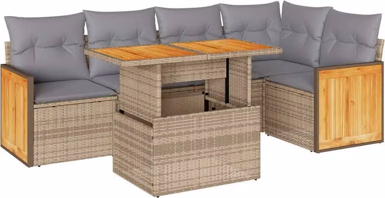Set Divano da Giardino 6 pz con Cuscini Beige Polyrattan Acacia