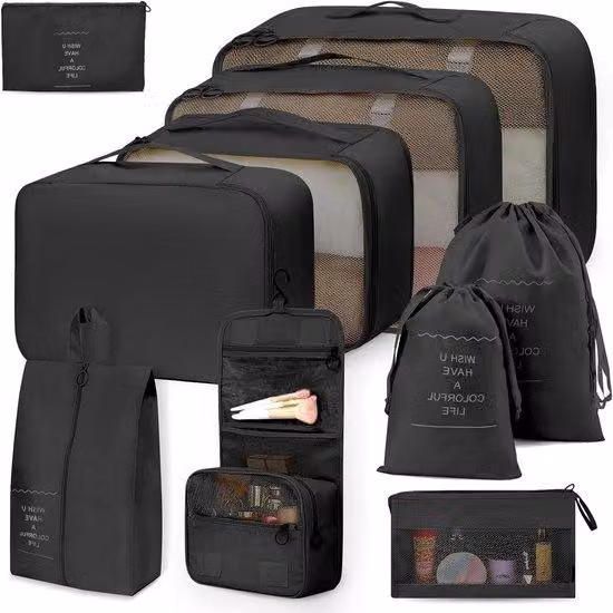 Set di valigie da viaggio impermeabili, 10 pezzi, nero