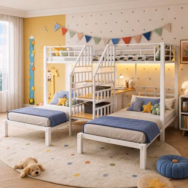 Letto a castello 90x200 cm in metallo bianco con contenitore, senza materasso –