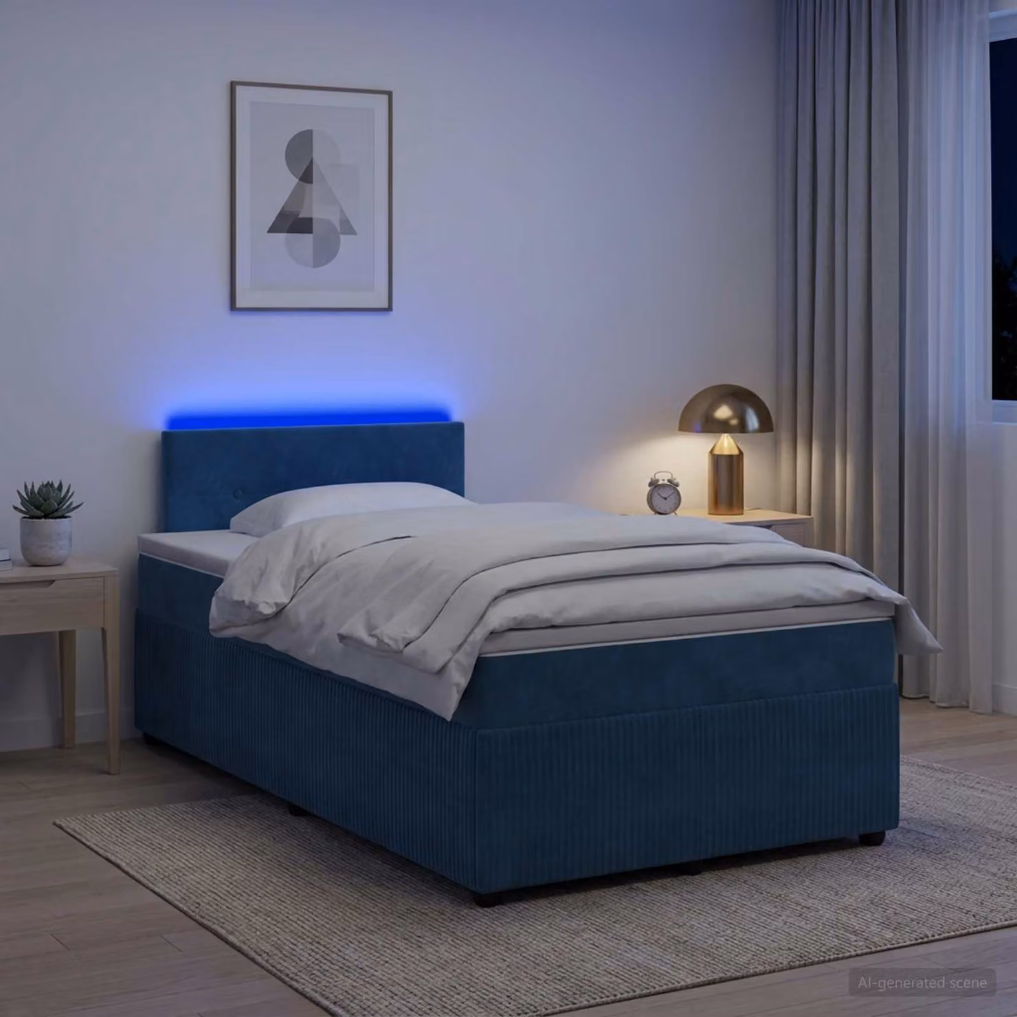 Letto box spring vidaXL con materasso ibrido in velluto blu, dotato di illuminazione sottostante e porta USB, L/P/H: 190 x 120 x 100,5 cm