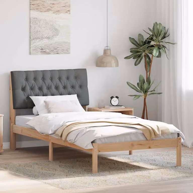 Letto con testiera rivestita vidaXL in legno di pino e tessuto, Marrone e Grigio, 100 x 200 cm