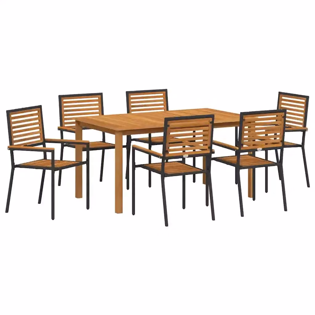 Set da pranzo per giardino e terrazzo vidaXL in rattan e legno di acacia, 7 pezzi, nero e marrone – 2