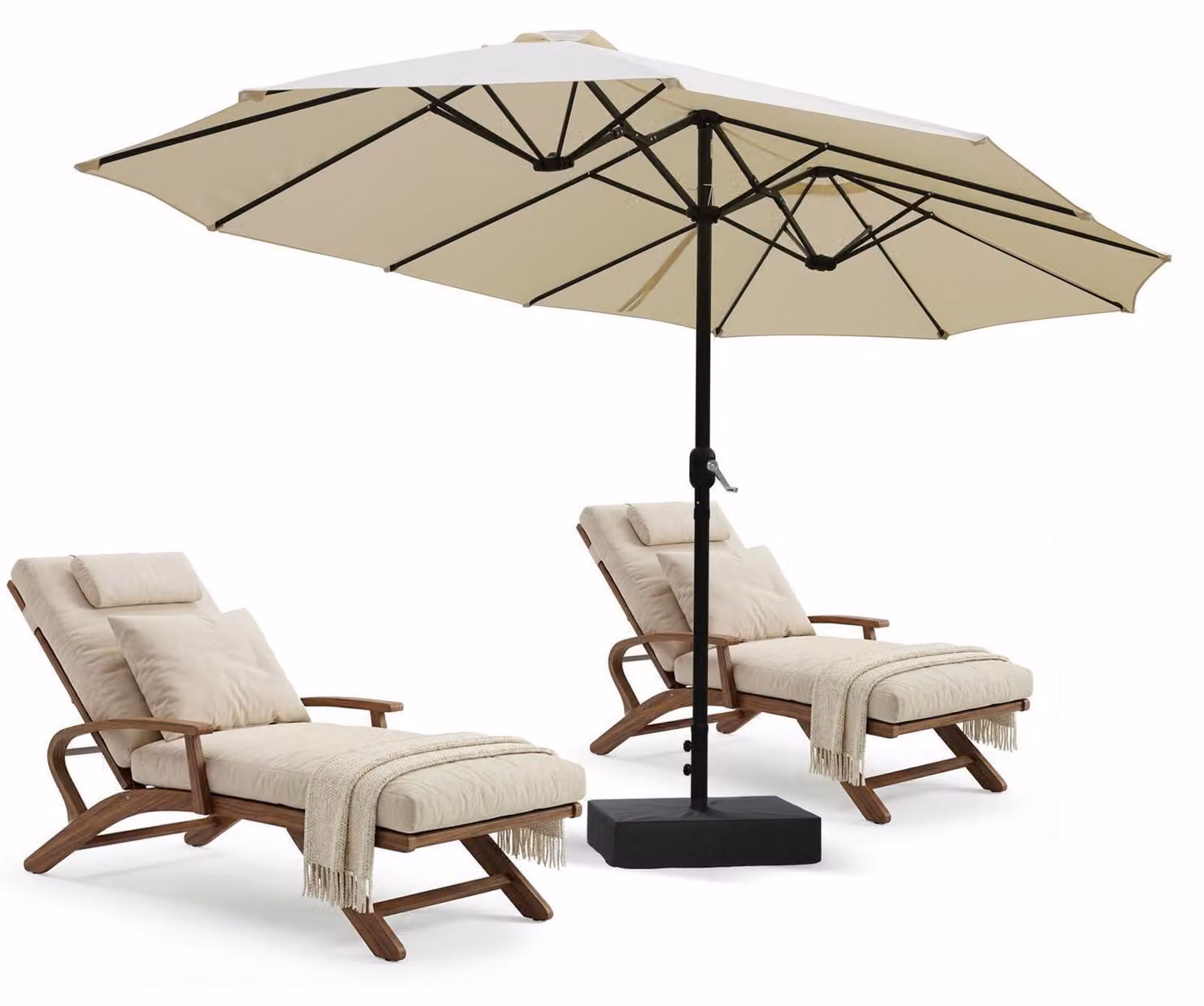 Ombrellone doppio, dimensioni 4,4 x 2,6 x 2,5 metri, colore beige, realizzato in poliestere al 100%, con struttura in acciaio e sacchi di sabbia