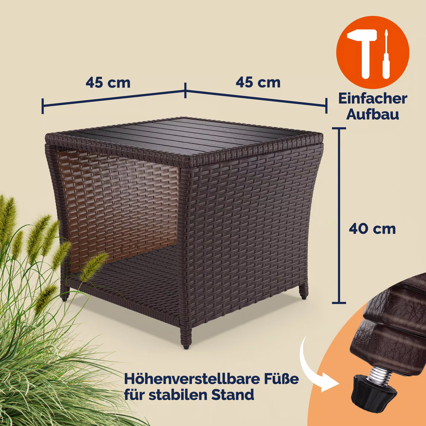 Tavolino da giardino quadrato Casaria in polyrattan marrone con altezza regolabile L: 45 cm, P: 45 cm, H: 40 cm – 3