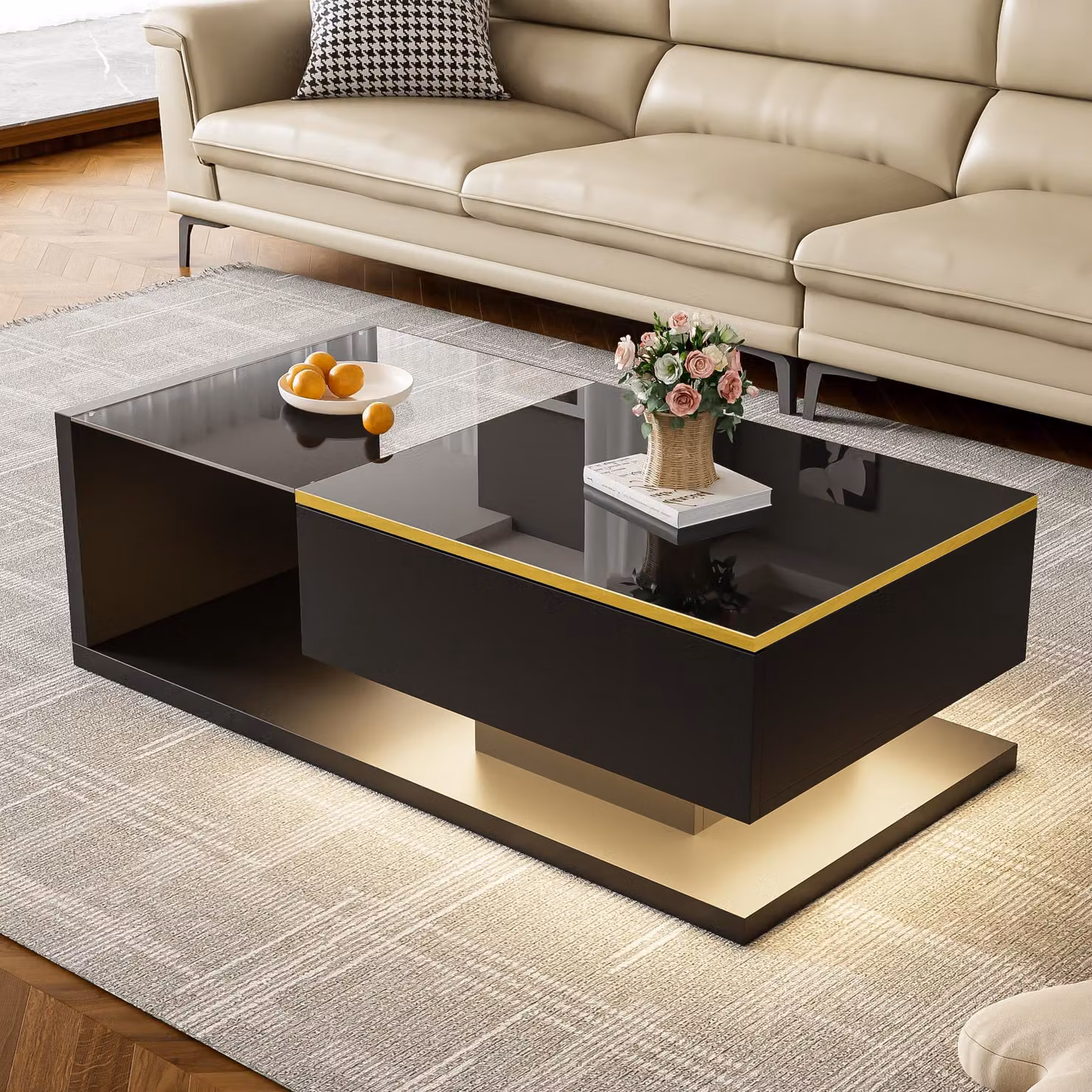 Tavolino Merax 100x50x32,5 cm, tavolino a LED con piano in vetro, tavolino da salotto con vano portaoggetti e luce Bluetooth, nero lucido