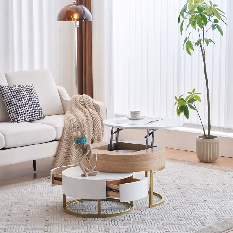 Tavolino regolabile in altezza Fortuna Lai, tavolino da salotto moderno con 2 cassetti, per il balcone del soggiorno, colore bianco e legno