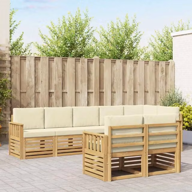 Set di divani da esterno a L vidaXL in legno di acacia con cuscini, 8 pezzi, Bianco e Beige