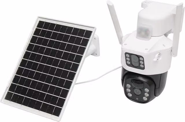 Telecamera di videosorveglianza PTZ con doppio obiettivo 2x2MP, WiFi, pannello solare da 7W, visione notturna e sensore di movimento, compatibile con applicazione V380 Pro, colore bianco