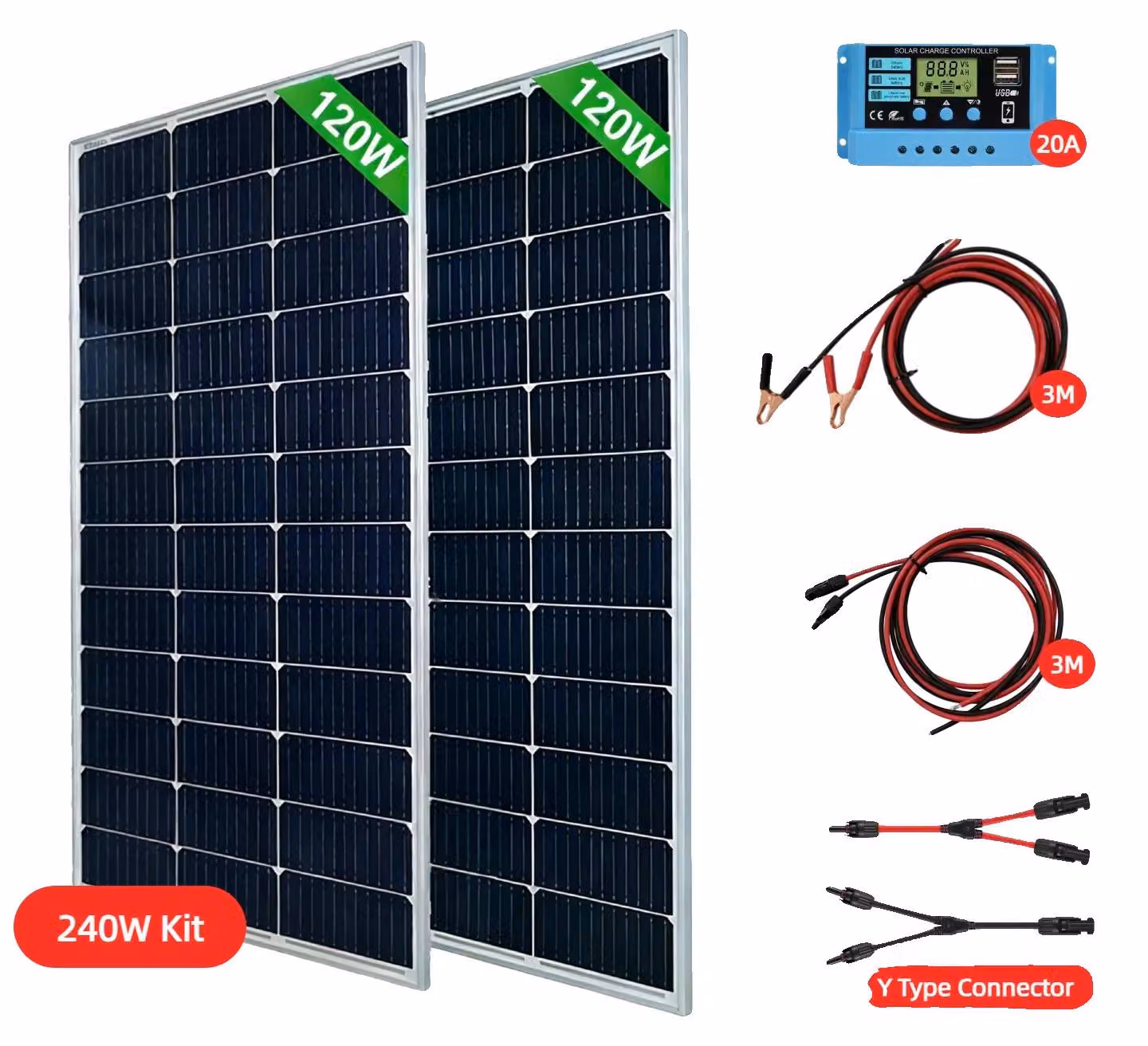 Kit di pannelli solari, composto da 2 pannelli ad alta efficienza, design resistente e duraturo, kit solare da 240W