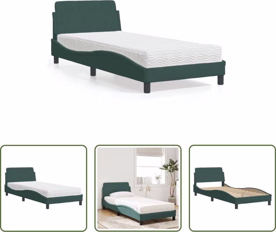 The Living Store Letto con materasso in velluto verde scuro 90x200 cm
