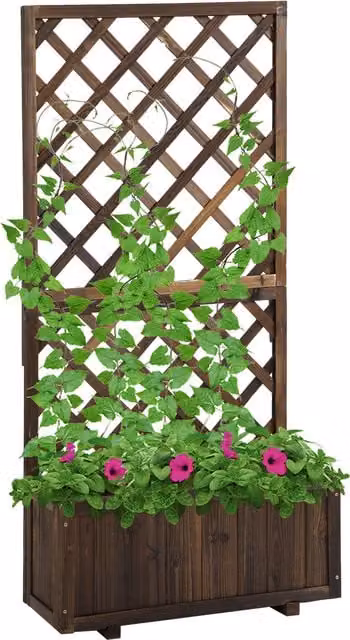 Fioriera da esterno Outsunny con grigliato per rampicanti e vaso in legno di abete marrone, L: 72.5 cm, P: 31.5 cm, H: 149.5 cm