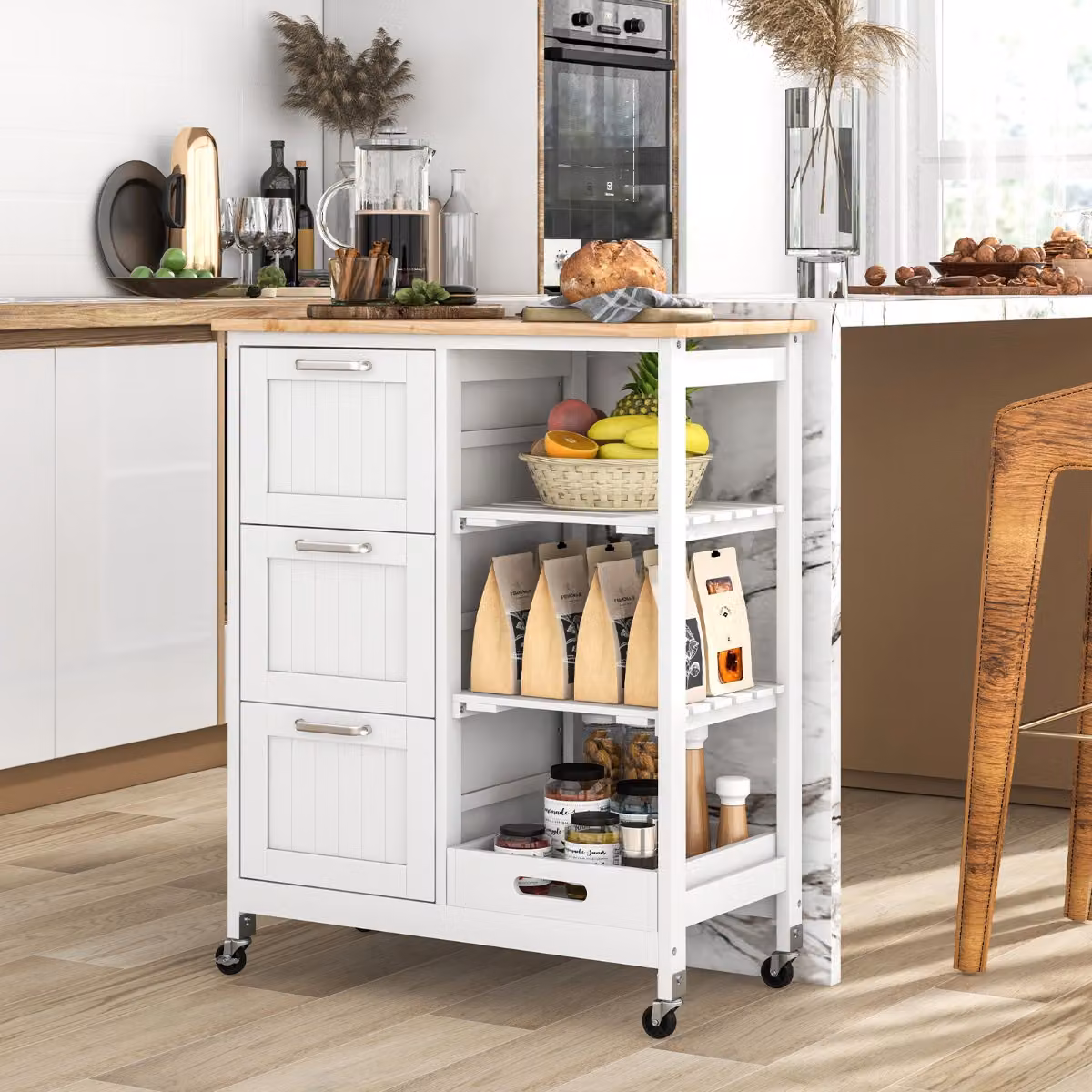 Isola cucina con ruote bloccabili Costway, carrello multiuso moderno con piano in legno di gomma e 2 ripiani rimovibili, Bianco