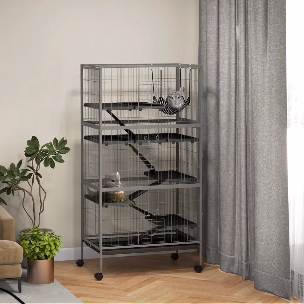Gabbia per conigli GIORDANOSHOP a livelli multipli con 4 ingressi e amaca, in acciaio e plastica, colore argento e grigio, H: 159 cm, L: 80 cm, P: 52 cm – 2