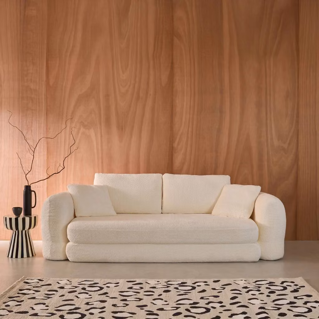Divano letto moderno Sweeetch a 3 posti in tessuto bouclé bianco con funzione letto e coperture rimovibili, L: 243 cm, P: 160 cm, H: 83 cm – 2