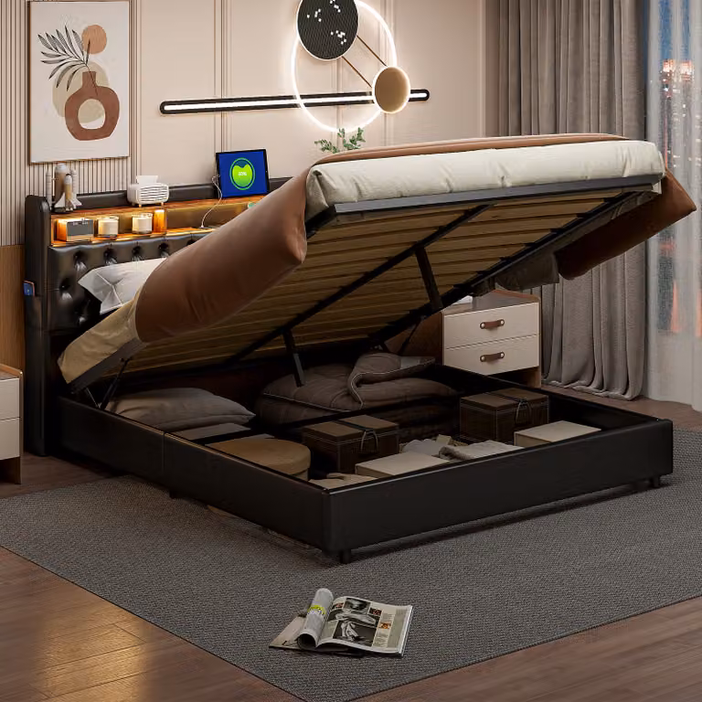 CDGlobal letto imbottito 180x200cm con funzione di ricarica (USB), letto giovanile letto matrimoniale letto contenitore con LED, letto a molle idrauliche, PU, nero