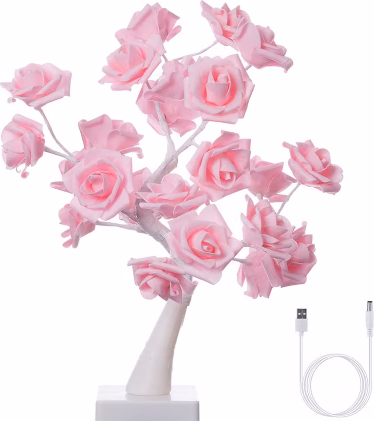 Lampada da tavolo Rose Bonsai Albero 24 LED Lampada Albero alimentato a batteria Luce decorativa per soggiorno camera da letto