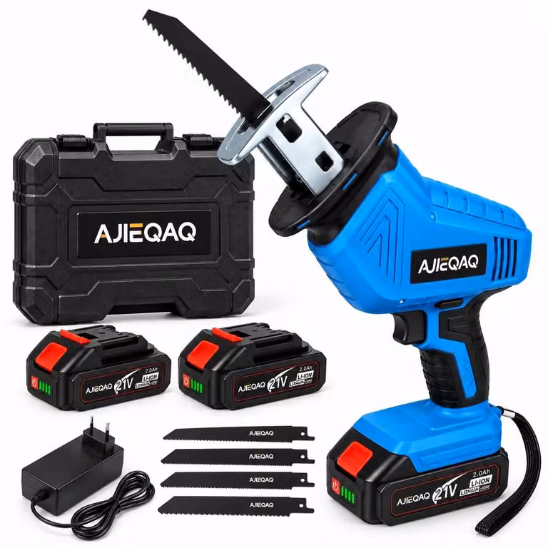 Sega a gattuccio a batteria 21V, 0–3000 corse/min, corsa 13 mm, 2×2,0Ah batterie, LED, 4 lame, valigetta