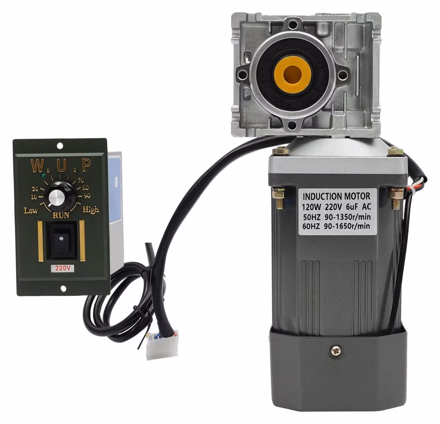 Motore a riduttore a vite, 220V - Potenza: 120W - Velocità di rotazione: 1650 giri/min (regolabile) - Bobina in rame - Riduttore reversibile auto-bloccante - Con regolatore di velocità - Colore: grigio