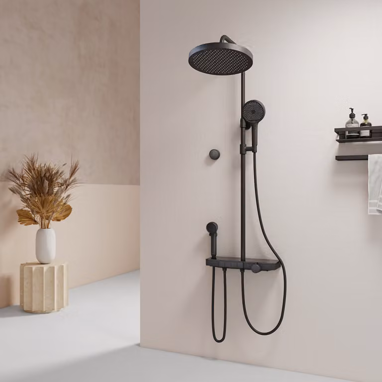 EMKE® Sistema doccia con termostato Nero con doccia per bambini, display digitale e filtro per il cloro 4 uscite Doccia a pioggia rotonda Colonna doccia per famiglie F23