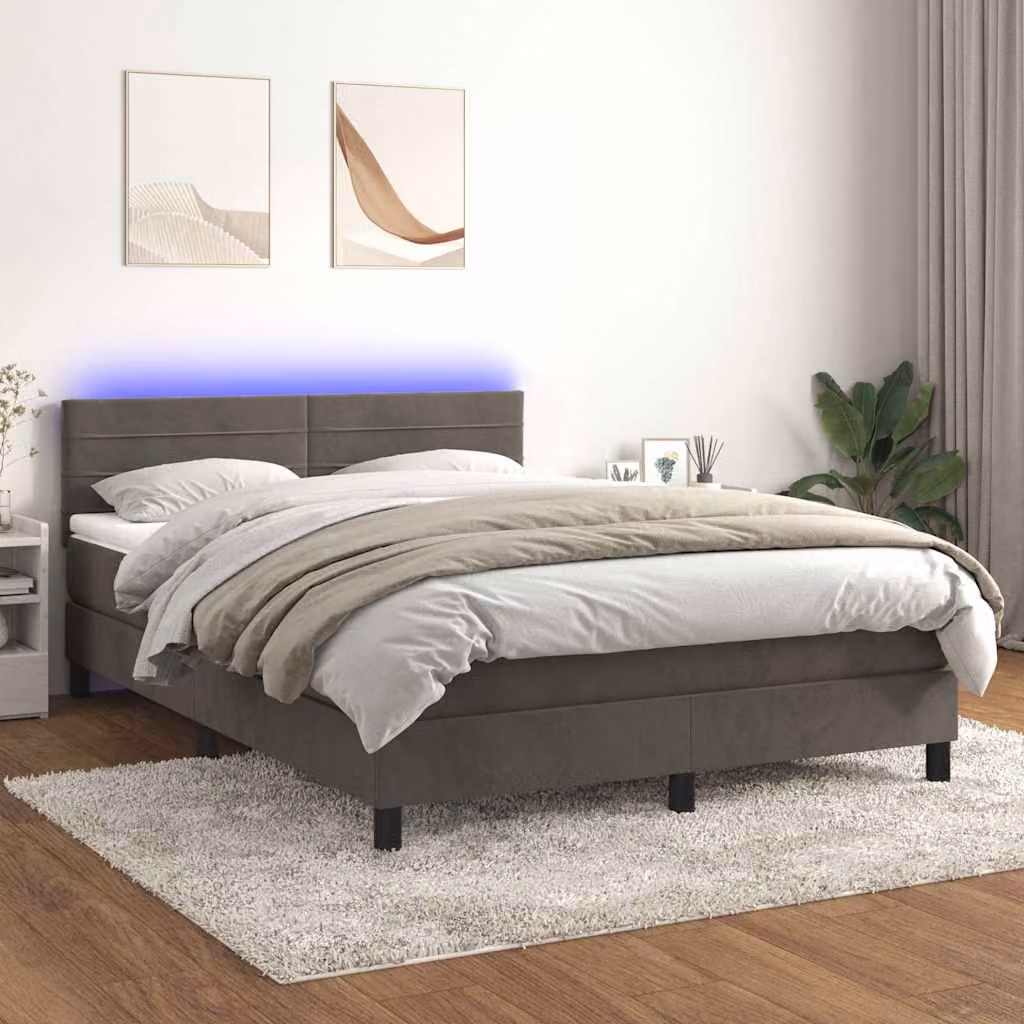 vidaXL Letto Ibrido con Materasso, Illuminazione LED Sotto il Letto e Porta USB, Rivestimento in Velluto Grigio e Bianco, L/P/H: 144 x 193 x 78 cm – 1
