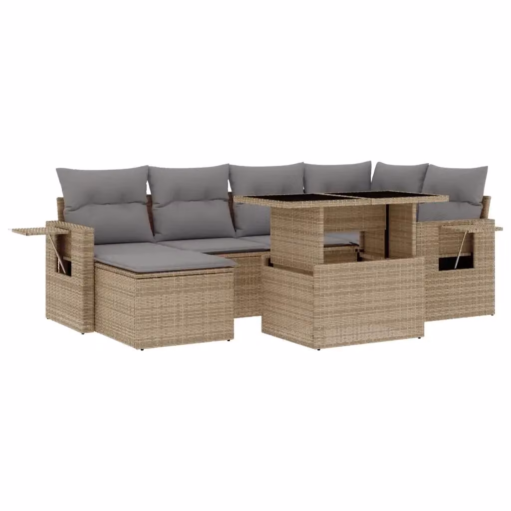 vidaXL Set Divani da Giardino 7 pz a Forma a L con Cuscini Beige e Tavolino in Vetro – 2