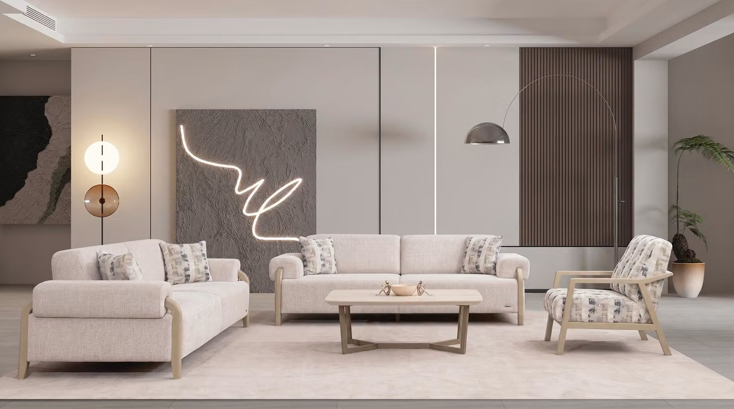 Set completo per soggiorno, composto da un divano a 3 posti, un divano a 3 posti e una poltrona. Tavolino elegante. Design
