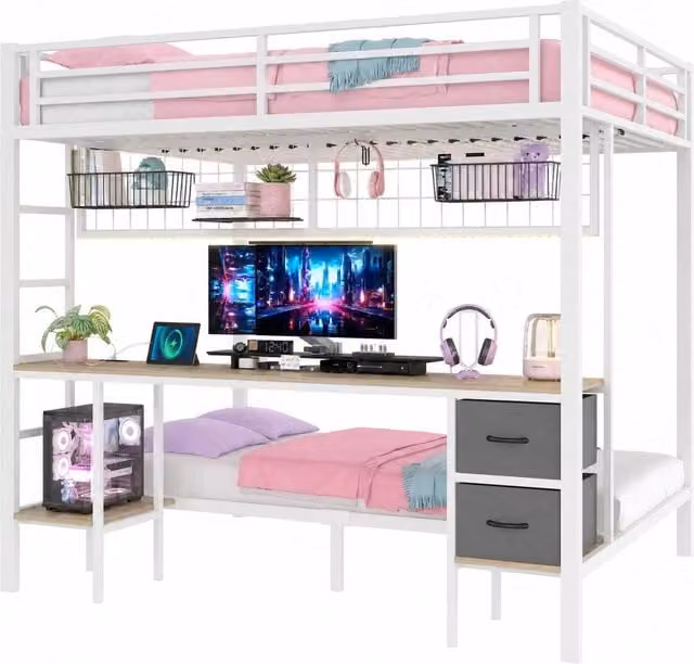 Letto a castello REDOM in metallo bianco per bambini con scrivania, cassetti, illuminazione sottostante e porta USB, L/P/H: 200 x 140 x 204 cm
