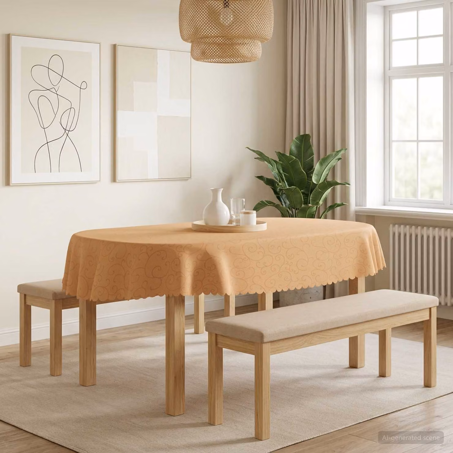 Set di 5 tovaglie ovali vidaXL in jacquard beige, idrorepellenti e lavabili in lavatrice, L: 130 cm x P: 220 cm