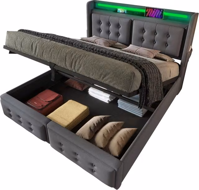 Letto contenitore matrimoniale 160×200 cm con LED, USB e type-c, senza materasso, grigio