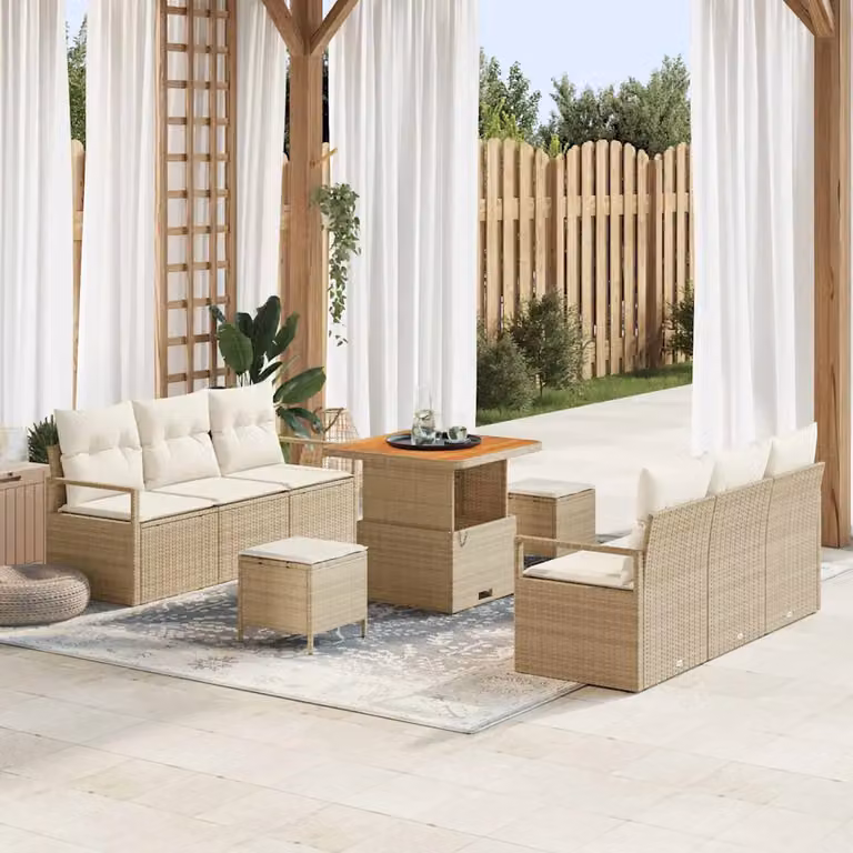 Set Divano da Giardino vidaXL 9 pz Beige in Polyrattan con Cuscini e Struttura in Acciaio