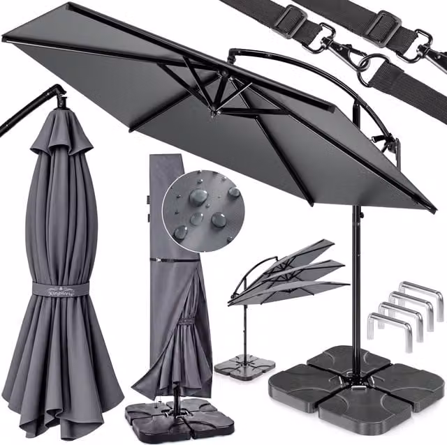 Ombrellone a braccio Casaria® antracite con copertura in poliestere e set completo di 4 pesi, diametro 350 cm
