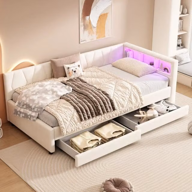 Letto 90 x 200 cm con 2 cassetti; LED RGB; USB e Type-C; lino e MDF; beige