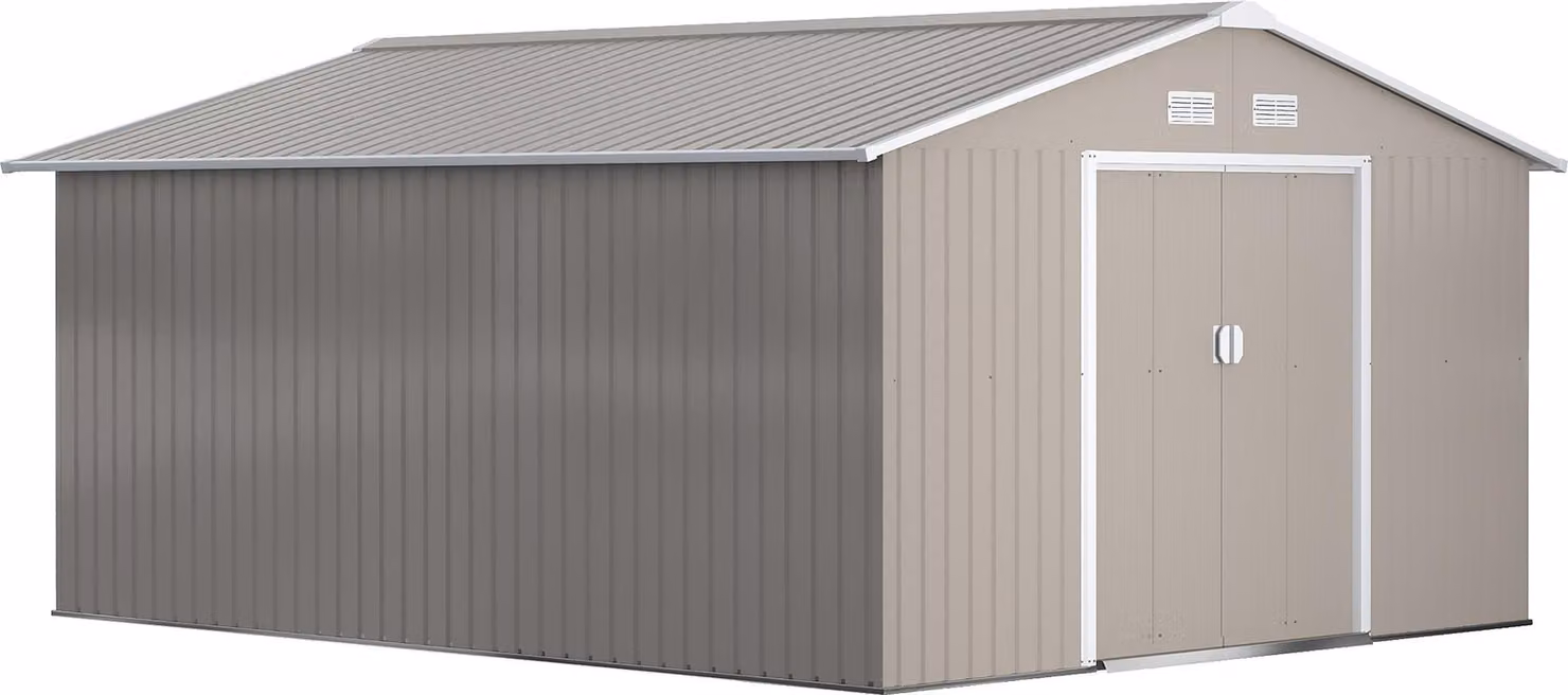 Capanno da giardino Moonbite, 12,4 m², con tetto a falda, realizzato in acciaio zincato, dotato di porte scorrevoli e base, resistente alle intemperie. Dimensioni: 340 x 386 x 200 cm. Colore: grigio chiaro