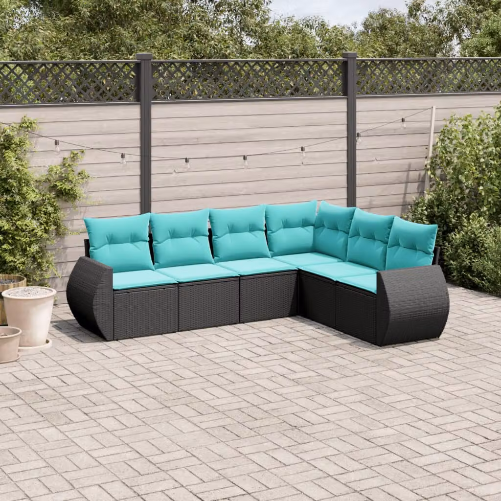 Set di divani da giardino vidaXL in rattan con cuscini, design moderno a forma di L, colore nero e blu con struttura in acciaio verniciato a polvere, ideale per esterno e terrazza