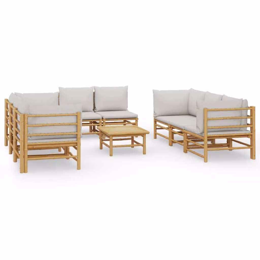 Set Salotto da Giardino 9pz con Cuscini Grigio Chiaro Bambù
