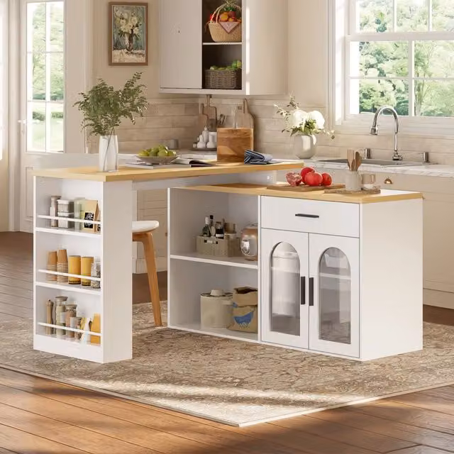 Isola da cucina girevole REDOM in MDF e vetro, colore bianco e rovere, L: 136 cm, P: 50 cm, H: 78 cm