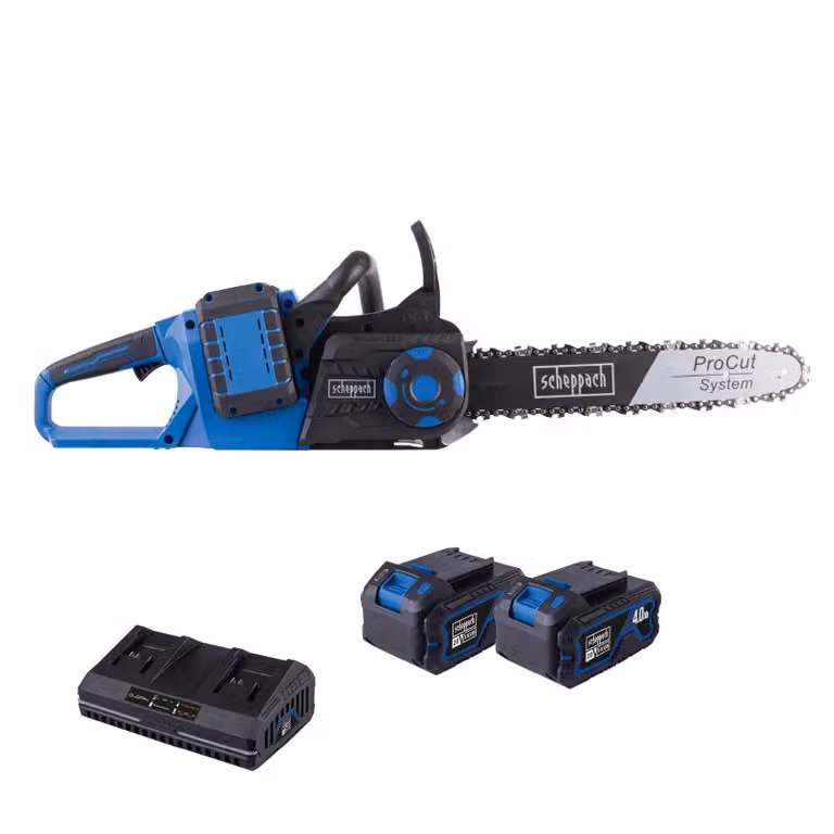 Motosega a batteria Scheppach BC-CS355Duo-X | Lama ProCut da 14'' / 35,6 cm | Motore brushless | 20 V | Avvio graduale | incl. 2 batterie da 4 Ah + doppio caricabatterie da 4,5 A
