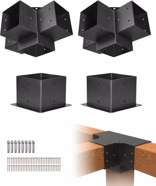 Kit 4 Staffe a 4 Vie per Pergolato ca. 152x152 mm, Supporti Angolari in Acciaio al Carbonio per Travi in Legno 14x14 cm da Giardino SSB2F2
