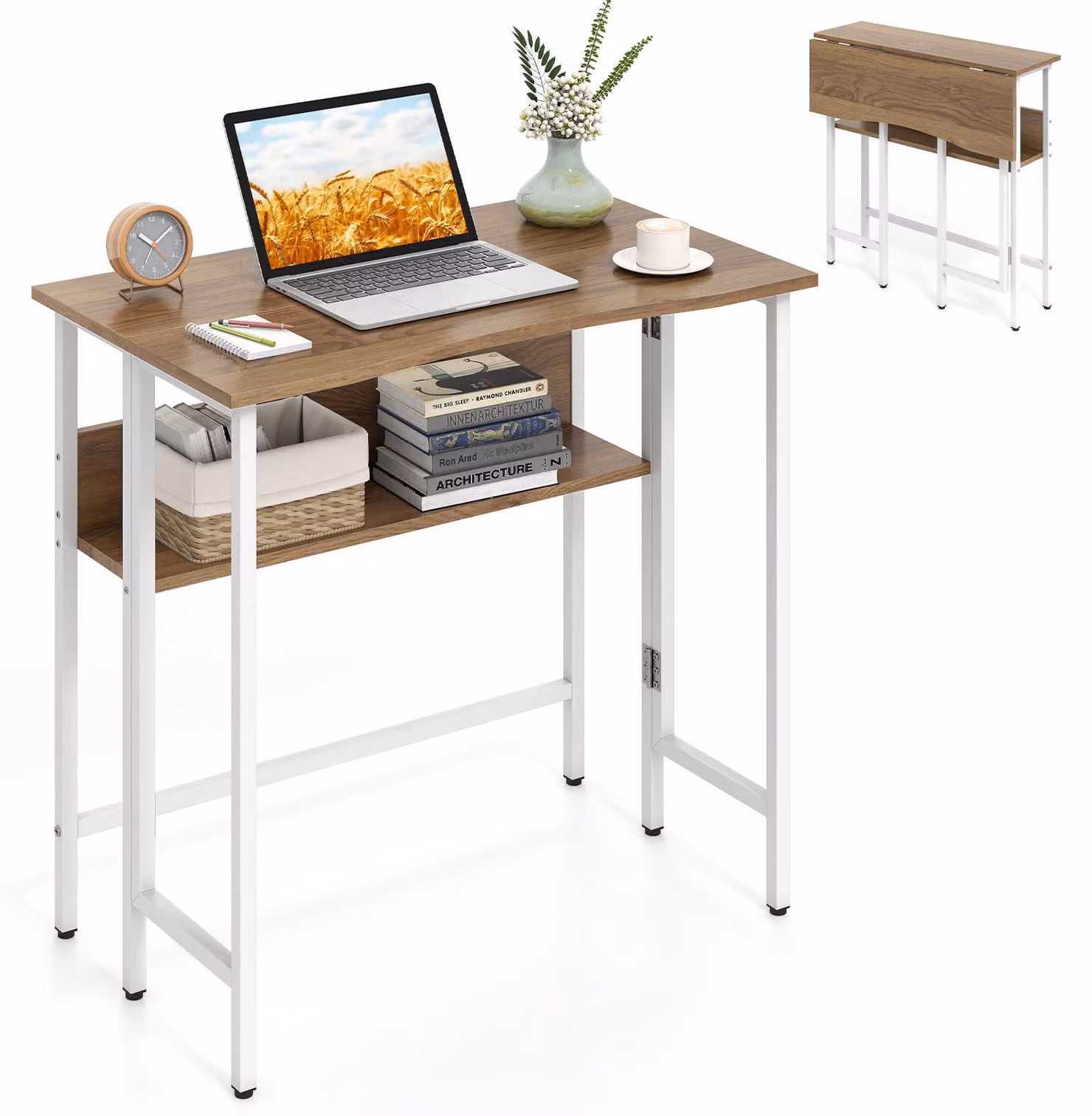 Scrivania pieghevole COSTWAY con cassetto, struttura in metallo, sistema di sicurezza anticaduta e piedini regolabili, scrivania per computer, scrivania da lavoro, dimensioni 80x47x76 cm