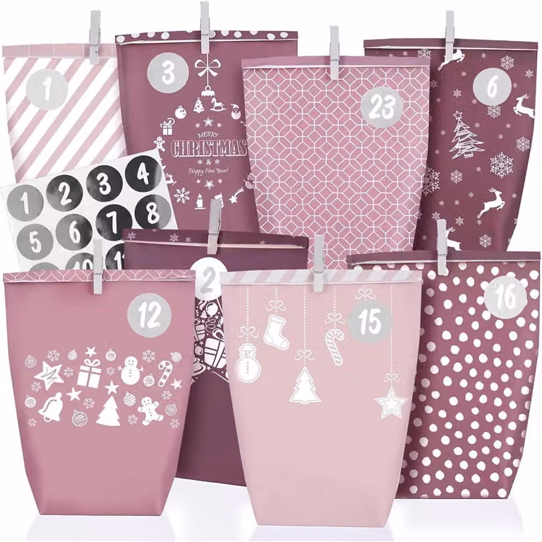 Calendario dell'Avvento con 24 sacchetti regalo XXL, riutilizzabili, color rosa